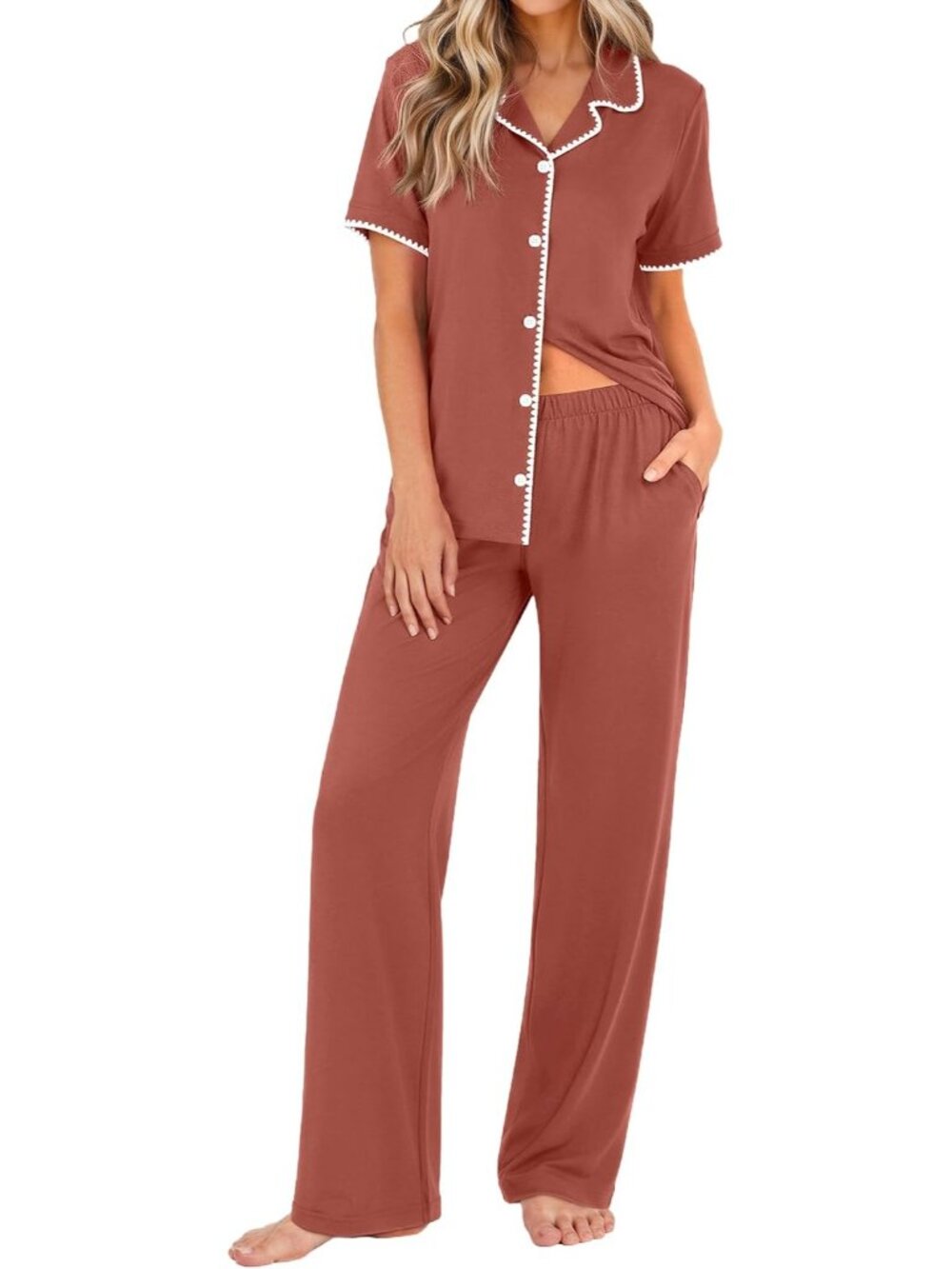 Women's Brown Button Down Short Sleeve Shirt Loungewear Pajamas Set